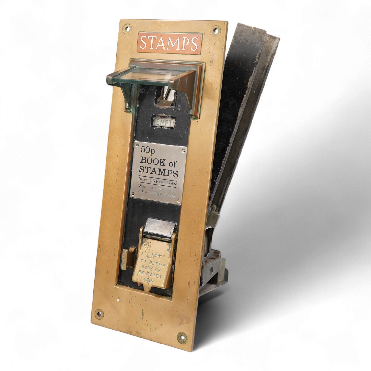 Brass wall mounted postage stamp machine, 40.5cm high